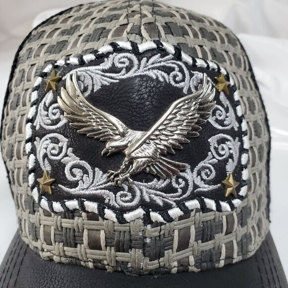 Eagle Embroidered Trucker Cap Woven Design & Mesh Back Gray/Black USA Headwear - Picture 2 of 6